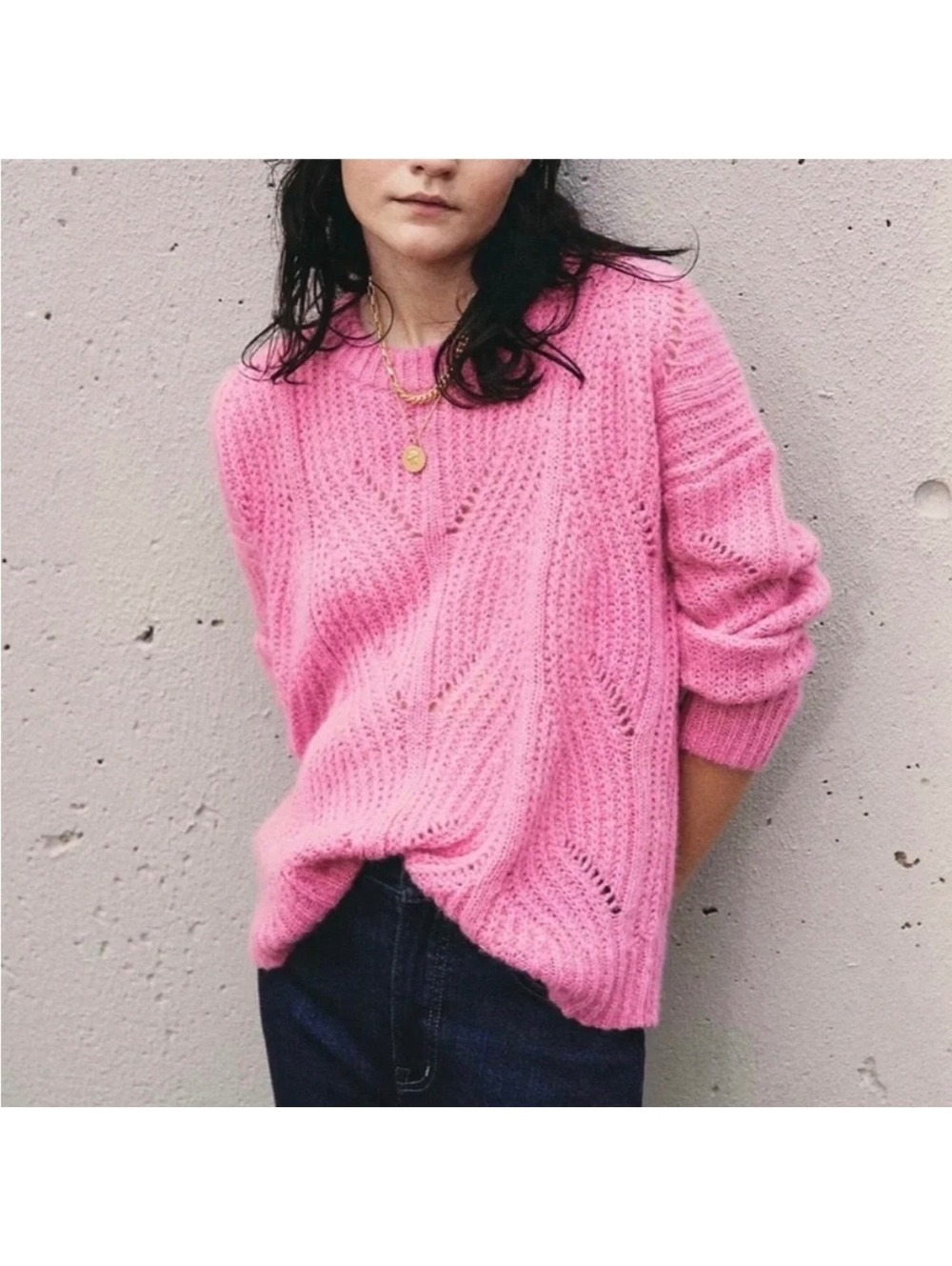 MADEWELL Charley Alpaca Pointelle Chevron Knit Pattern Sweater Large COQUETTE